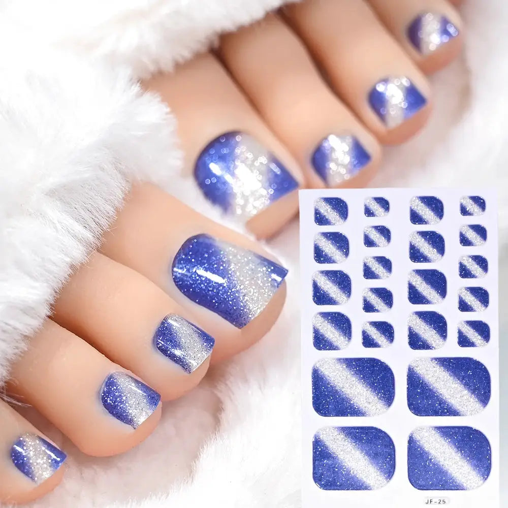 Toe nail sticker wraps by Simples Market in blue-silver glitter gradient, full-coverage strips (22 tips).