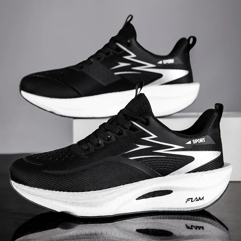 Black lightweight running sneakers pair with white cushioned midsole and breathable mesh