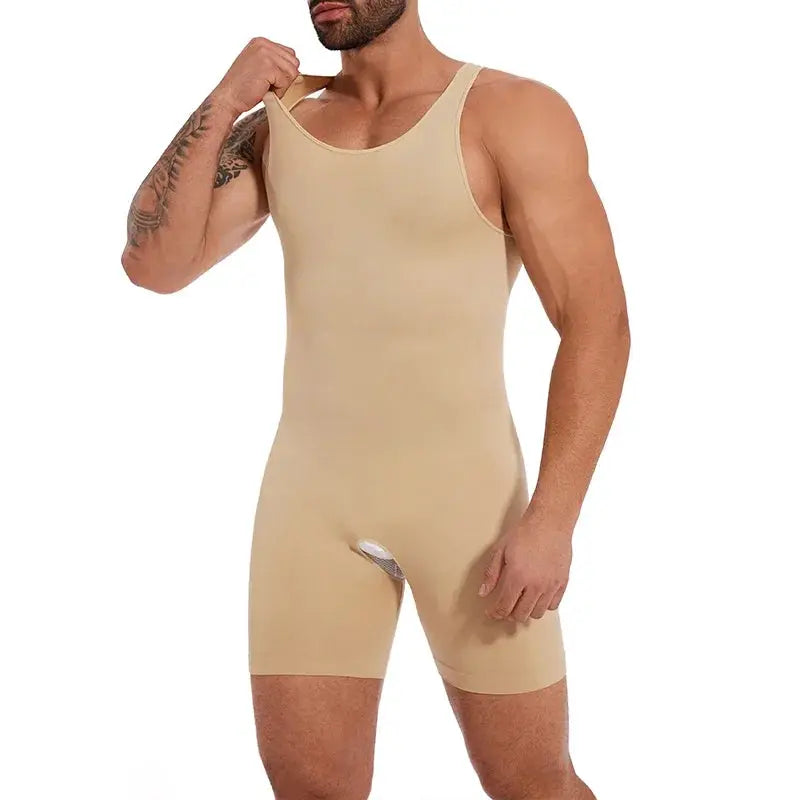 Men's full-body shaper sleeveless bodysuit in beige, seamless compression shapewear with tummy control