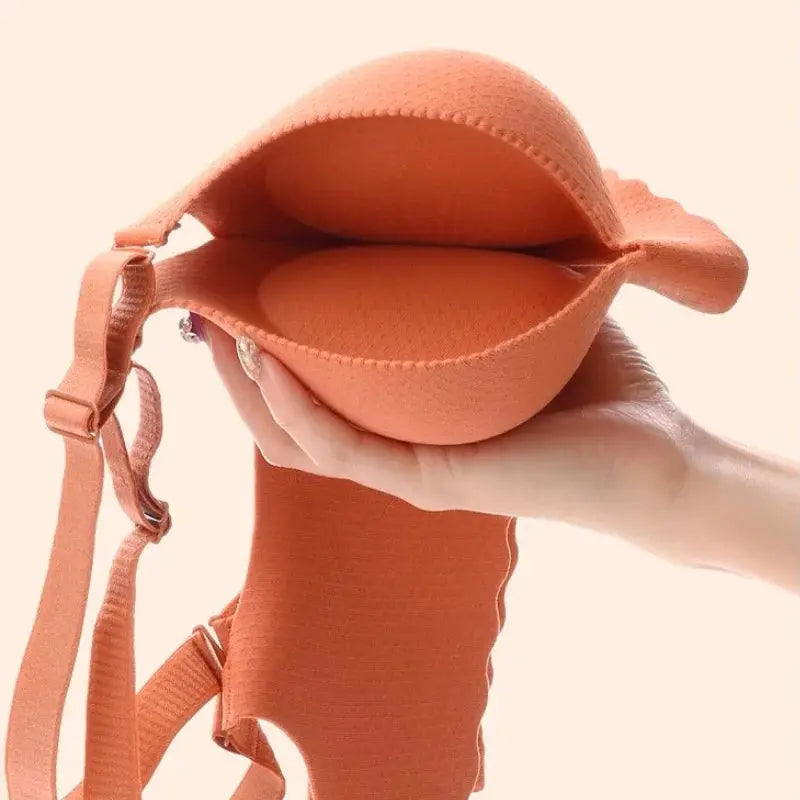 Extreme Push-Up Bra with 8cm thick pads, peach wireless double-cup lift, soft fabric