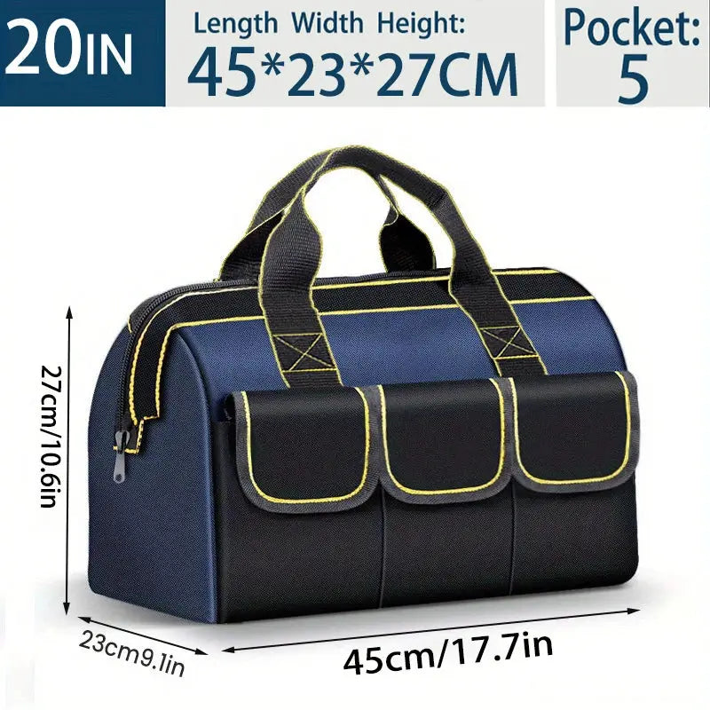 Multifunctional tool bag with thick handles, blue/black body, yellow piping, and three front pockets; 45x23x27 cm.