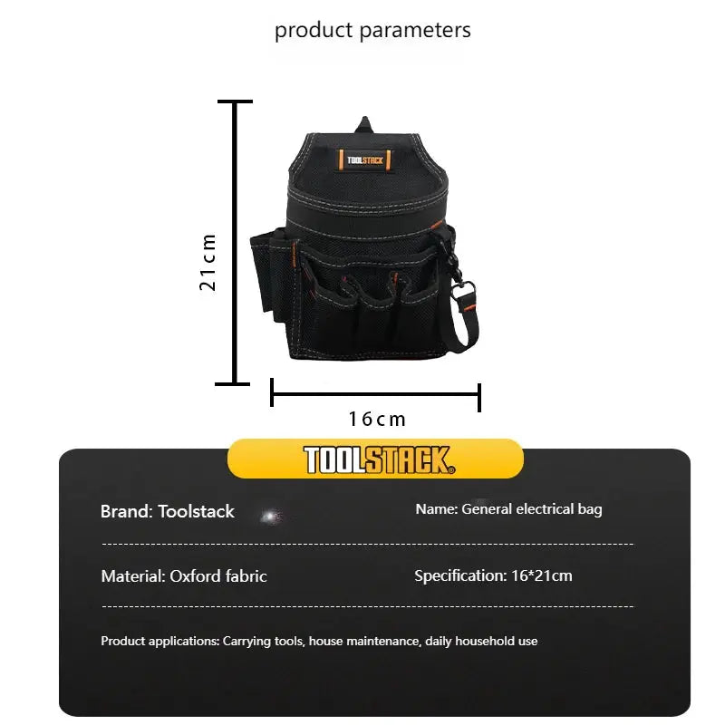 TOOLSTACK electrician pouch; Simples Market black Oxford fabric tool bag with multiple pockets and orange trim, 16x21 cm