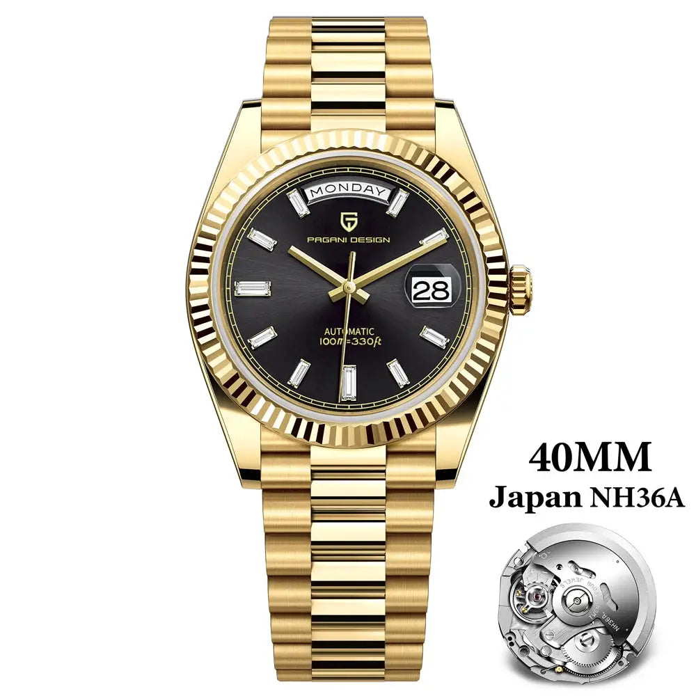 PAGANI DESIGN rose-gold men's automatic watch with black dial, day/date window, 40mm NH36A stainless steel bracelet