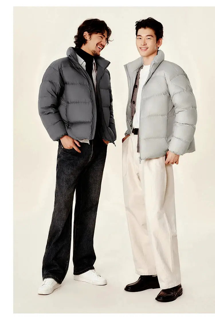 Men's Semir down jackets; two puffer coats in dark gray and light gray with stand collars
