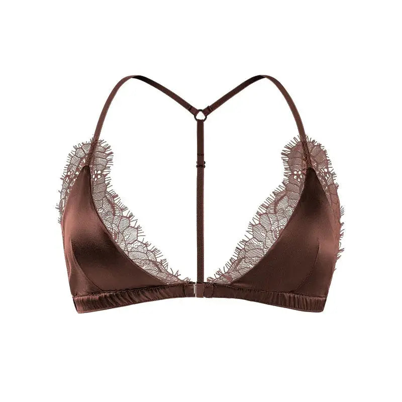 Birdtree lace bralette by Simples Market, brown satin with lace trim, wireless triangle cups, front closure