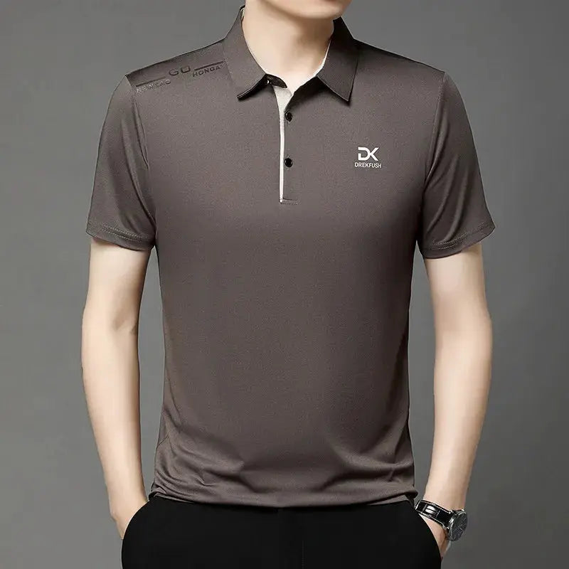 Men's business casual short sleeve polo shirt, solid dark taupe with DK logo on chest