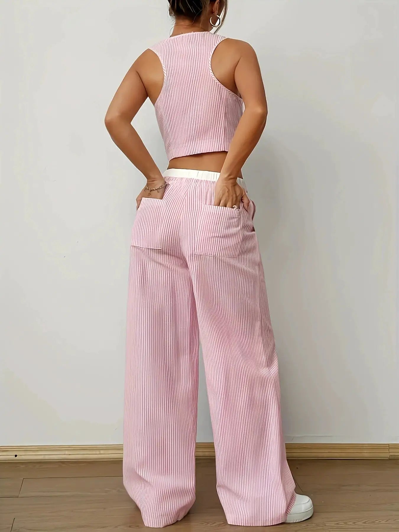 2025 Striped Sleeveless V Neck Vest and Color Wide Leg Pants Set