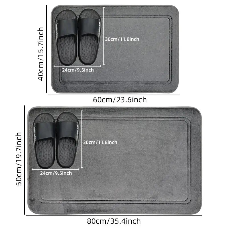 Grey bathroom rug by Simples Market, non-slip quick-dry mat in 60x40 cm and 80x50 cm sizes.