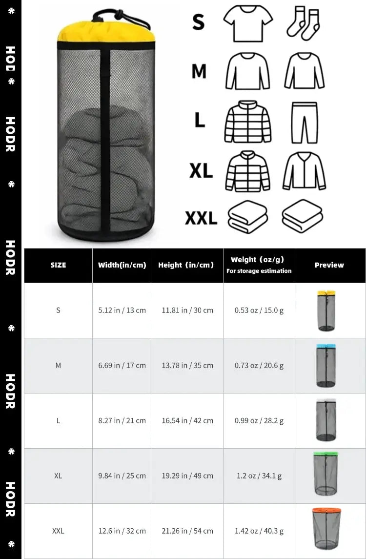 HODR mesh stuff sack by Simples Market, yellow top, black trim, grey mesh body with drawstring closure