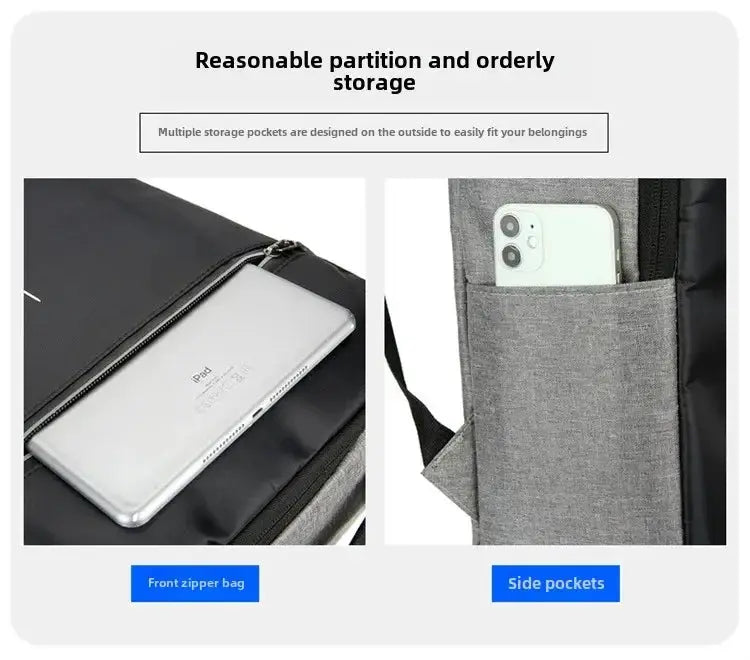 Anti-theft waterproof backpack with gray side pockets and front zipper pocket for tablet and phone