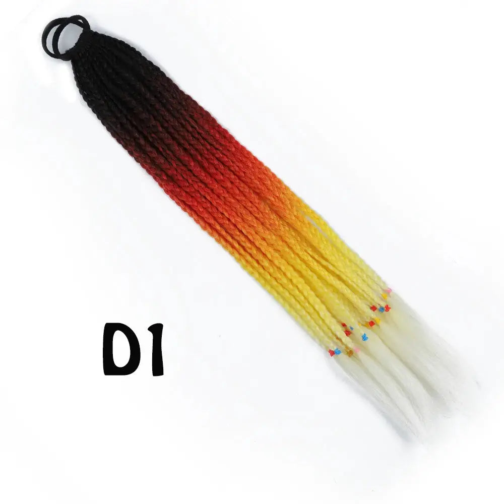 Synthetic gradient braided ponytail extension, 24-inch rainbow black-red-orange-yellow-white with elastic band