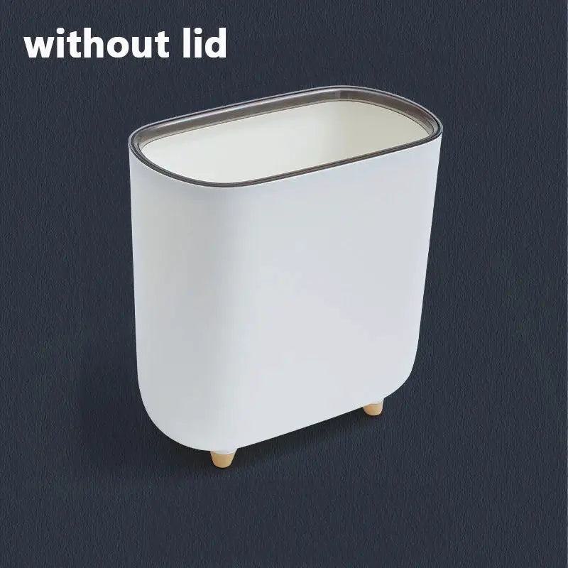 Simples Market narrow bathroom trash can without lid, white with metal rim and small wooden feet
