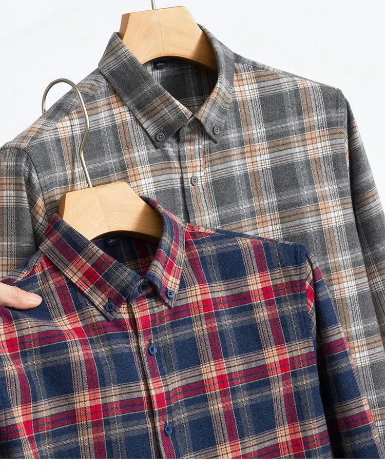 Set of two men's 100% cotton flannel plaid shirts on hangers in grey and navy-red colorways.