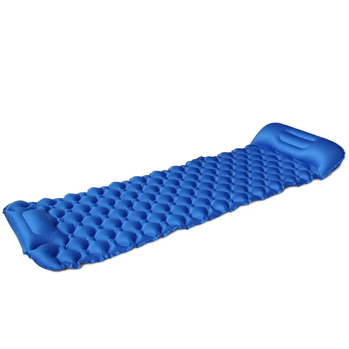 Blue inflatable camping sleeping pad with raised headrest, ultralight air mattress