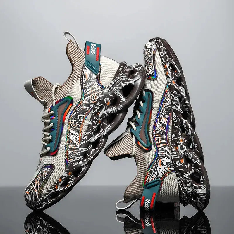 Men's sneakers with breathable mesh, teal accents and bold patterned outsole (pair).
