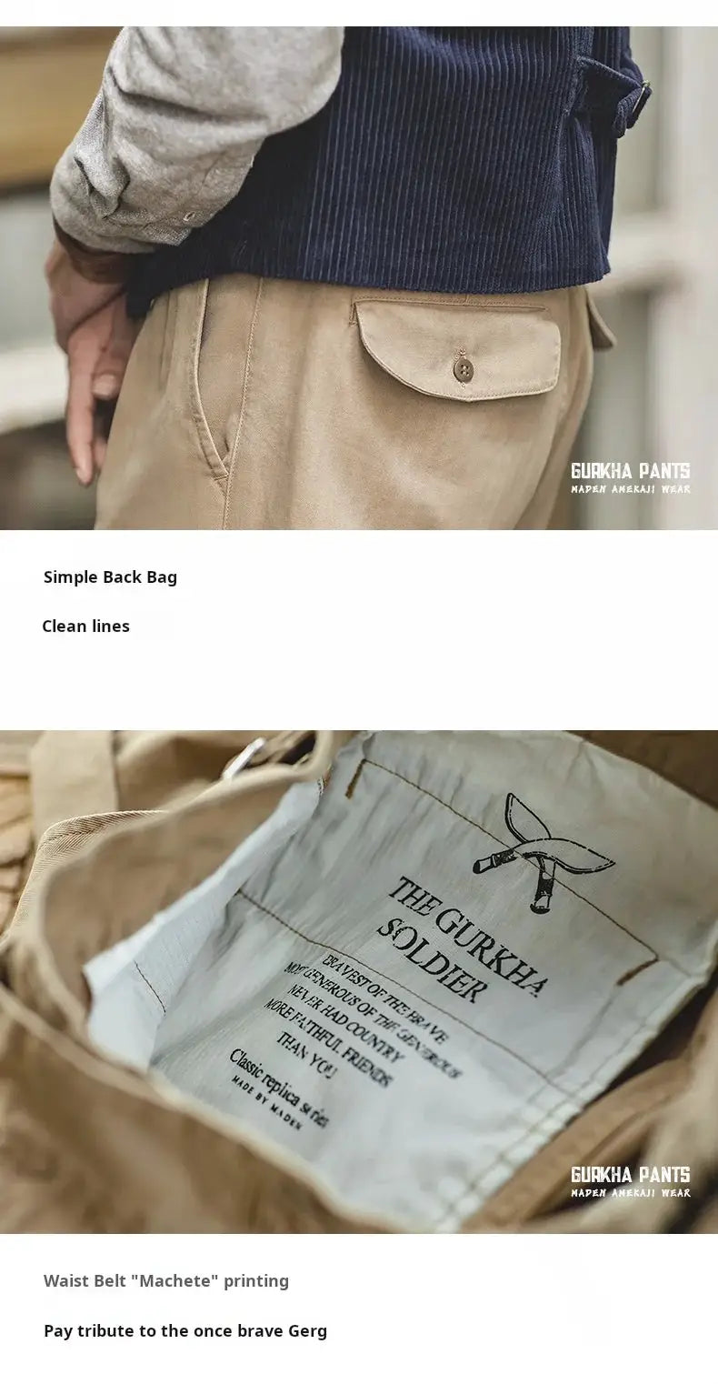 Gurkha pants in khaki with back pocket flap, adjustable high waist by Simples Market