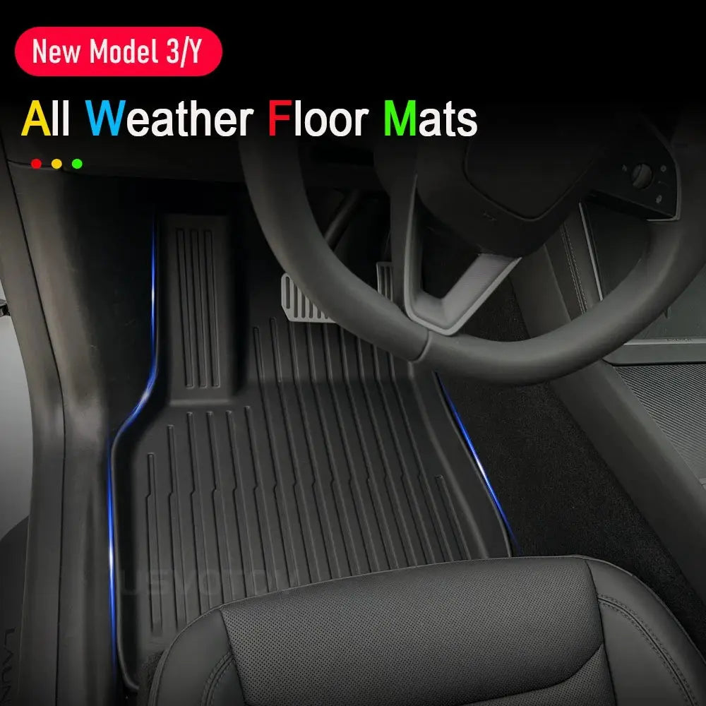 USVOTOV all-weather floor mats for Tesla Model Y (2025–2026); blue-edged TPE front, rear, and cargo liner