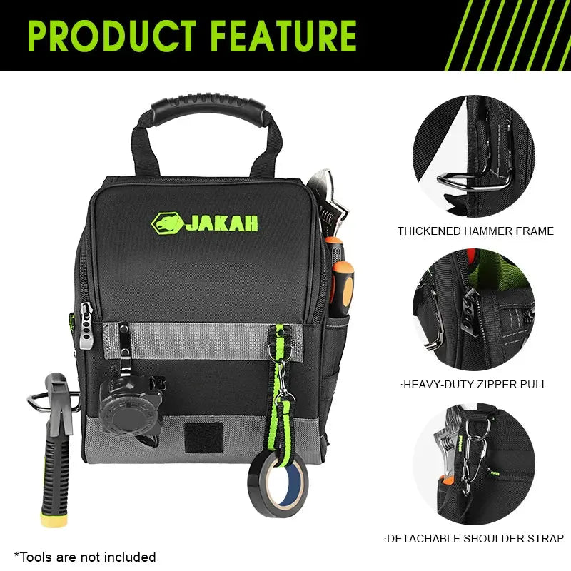 JAKAH professional electricians tool pouch with multiple pockets, black/green, padded shoulder strap