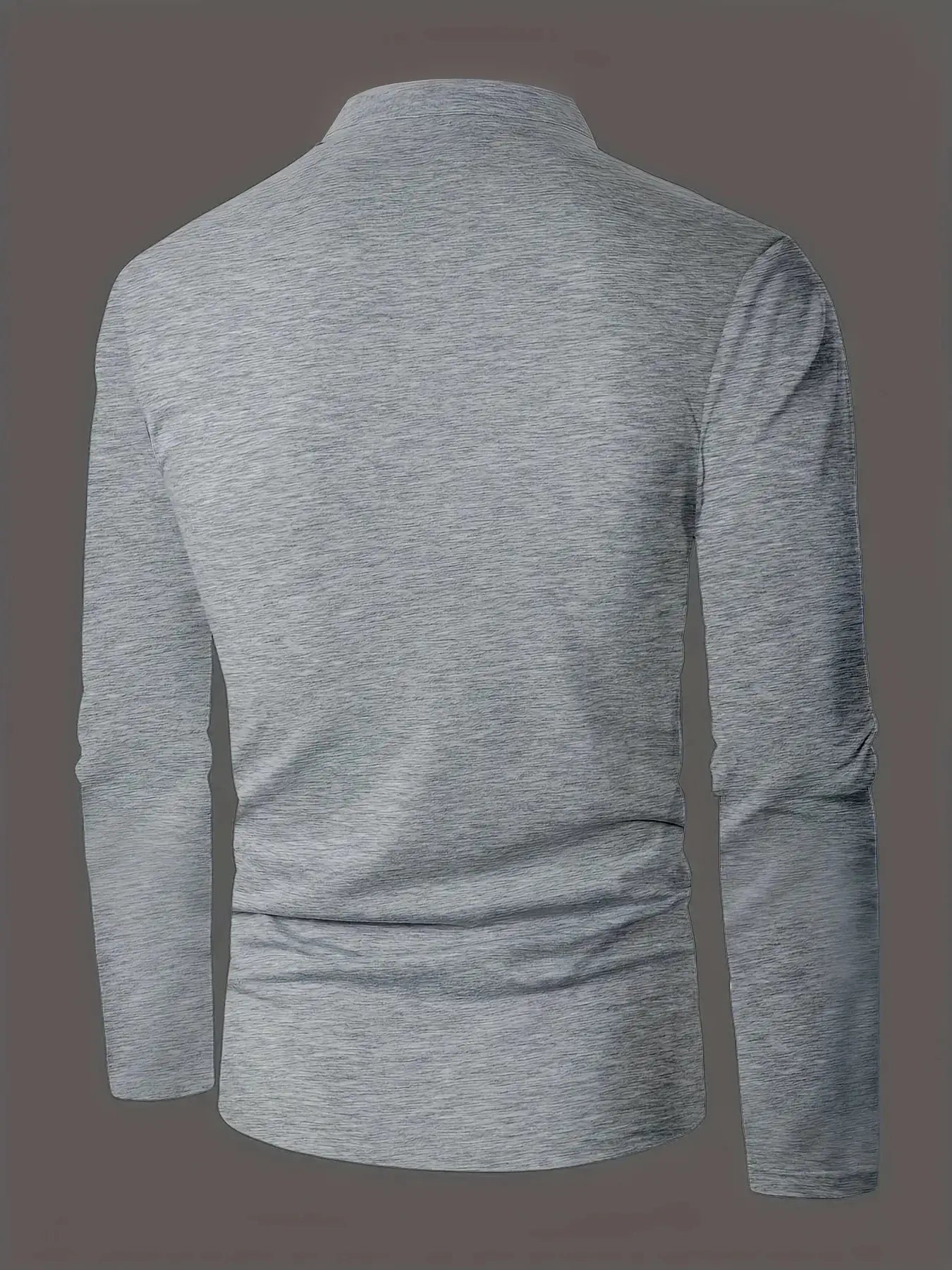 Men's round-neck heather gray long-sleeve polo shirt, back view.