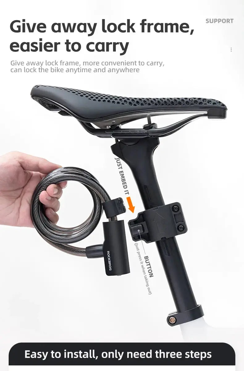 ROCKBROS bicycle lock with cable and keys, black zinc-alloy anti-theft lock mounted on bike seat post