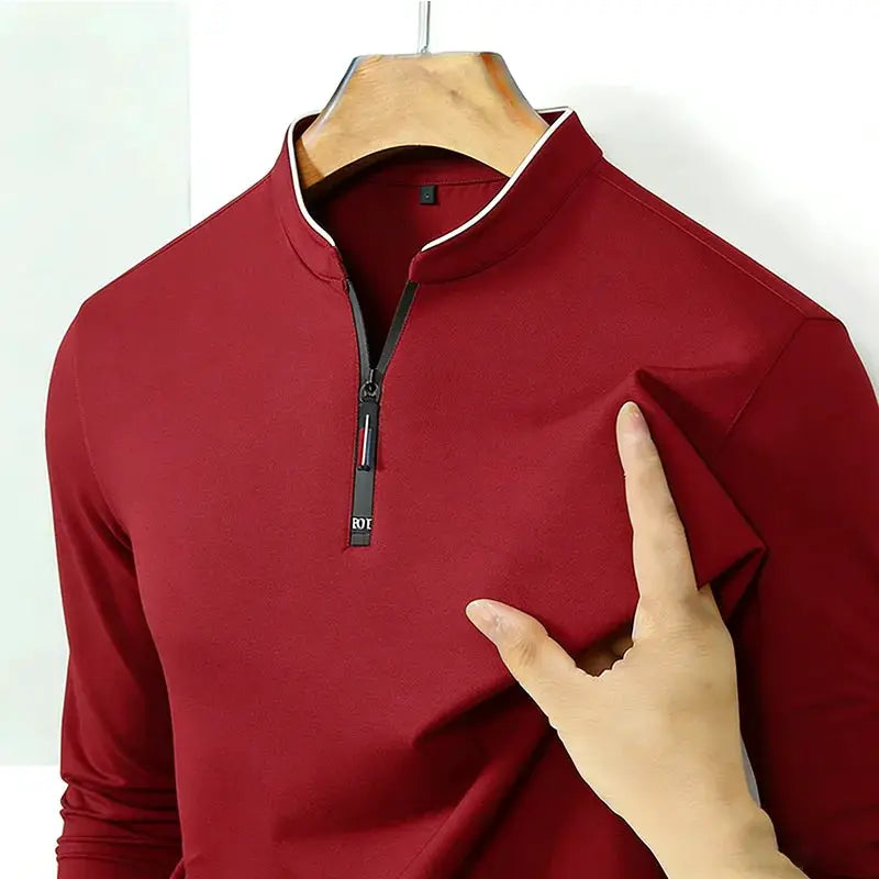 Men's red stand-collar half-zip pullover, long-sleeve slim-fit casual top