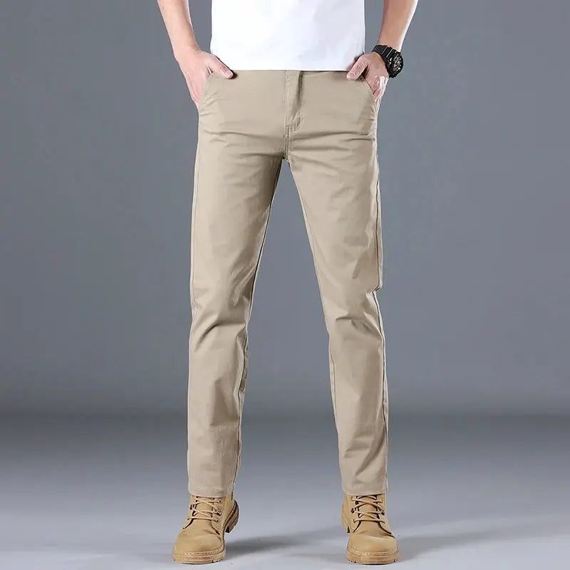 Men's beige pure cotton casual pants, slim straight fit, solid color.