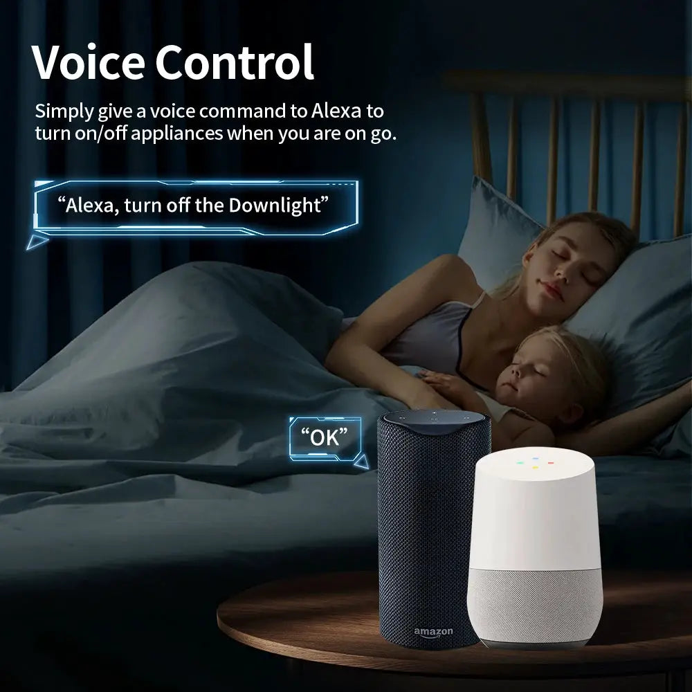 TNCE TUYA EU Plug smart socket with WiFi or Zigbee3.0, 16/20A power monitor, voice control; shown with two speakers