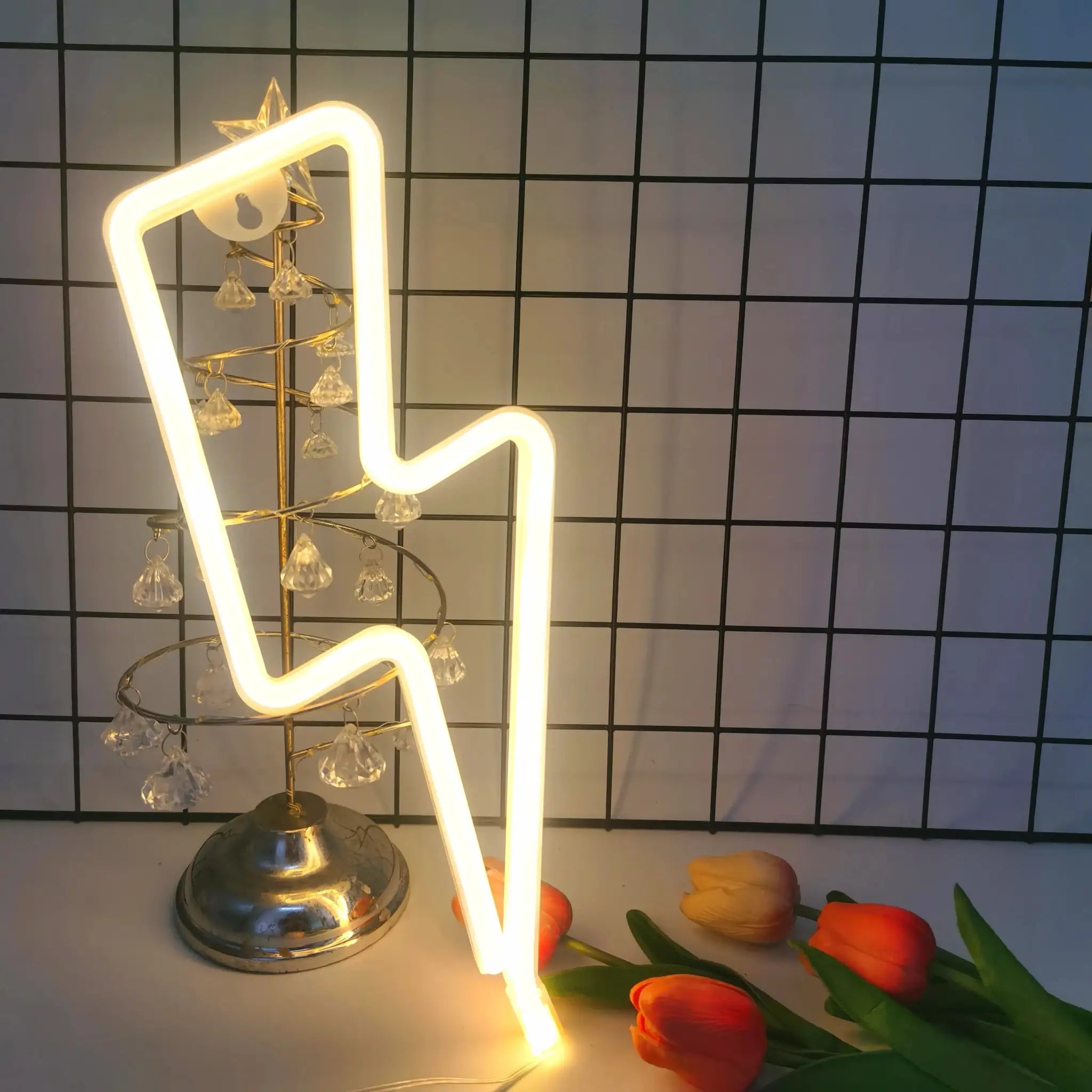 Lightning LED neon light by Simples Market; USB/battery powered with warm white glow on metal base