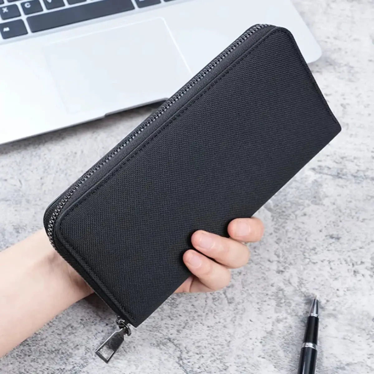 Men's long black canvas zippered wallet by Simples Market with large capacity card slots
