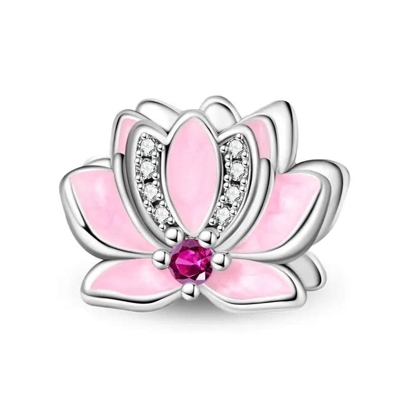 Silver-plated guardian angel heart-shaped zircon charm bead with pink enamel petals and crystal accents for Qikaola bracelets