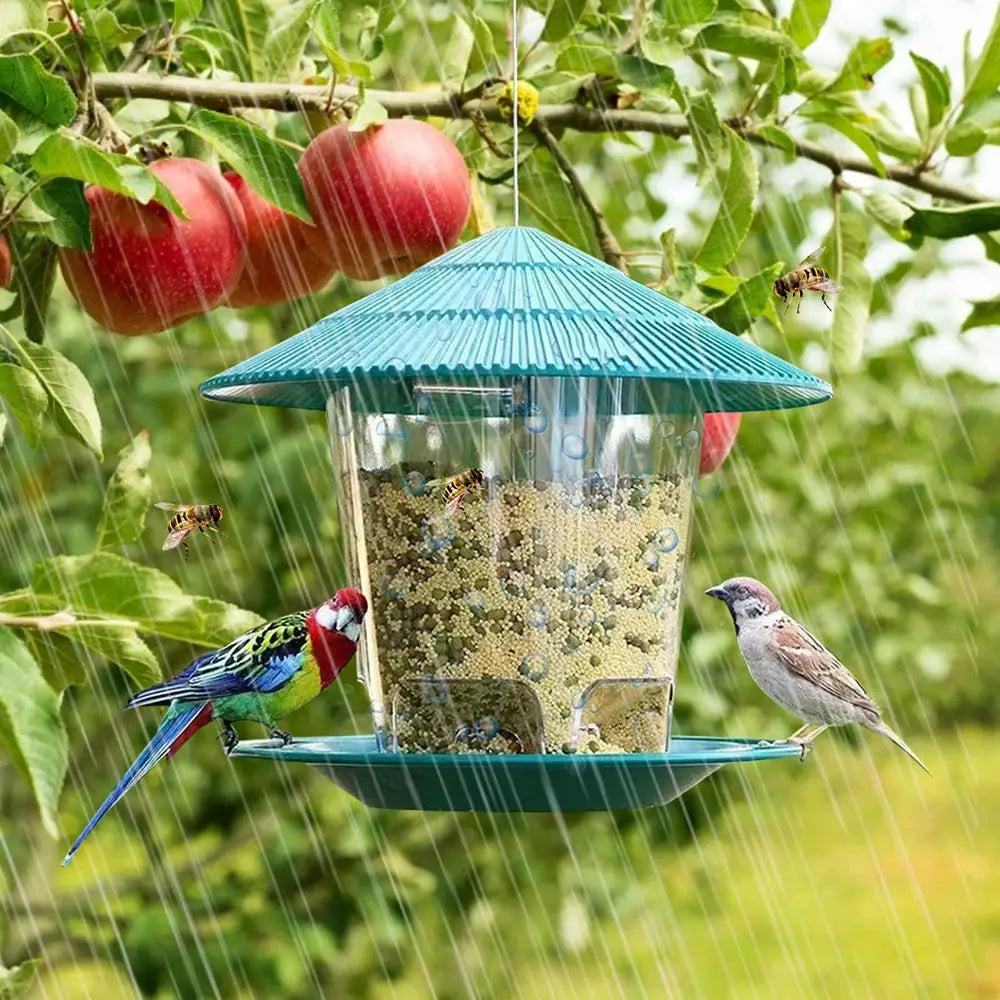 Bird Feeder by Simples Market, blue hanging seed dispenser with multiple holes and several birds