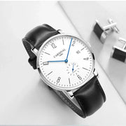 Carnival men's waterproof automatic wristwatch with white dial, blue hands, calendar date, black leather strap