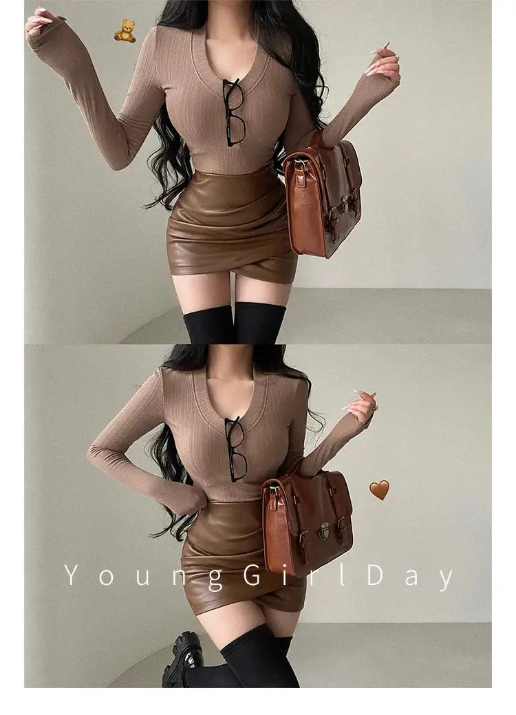 Women’s PU leather mini skirt, brown high-waisted A-line with wrinkle-wrapped hip detail