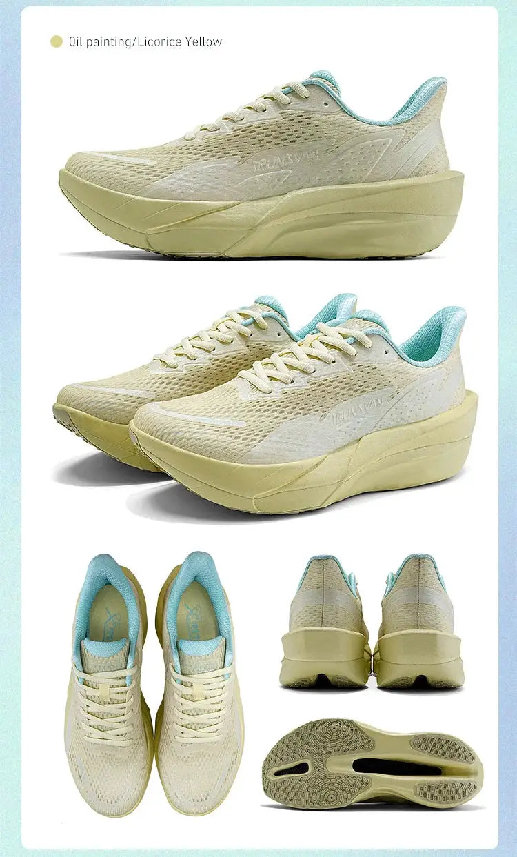 IRUNSVAN carbon fiber running sneakers, beige mesh upper with light blue lining and thick pale sole