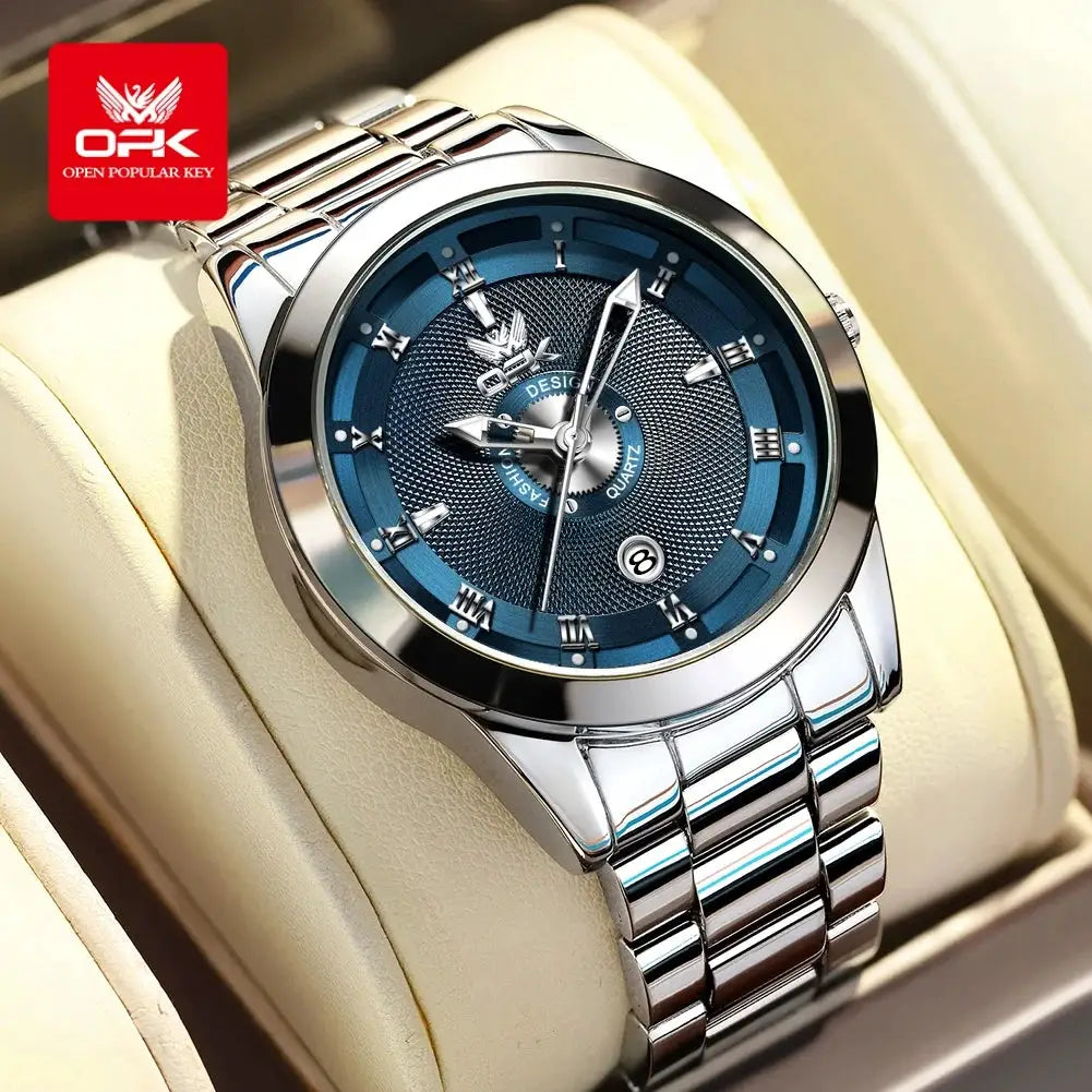 OPK stainless steel men's watch with blue textured dial, Roman numeral markers, and date window.