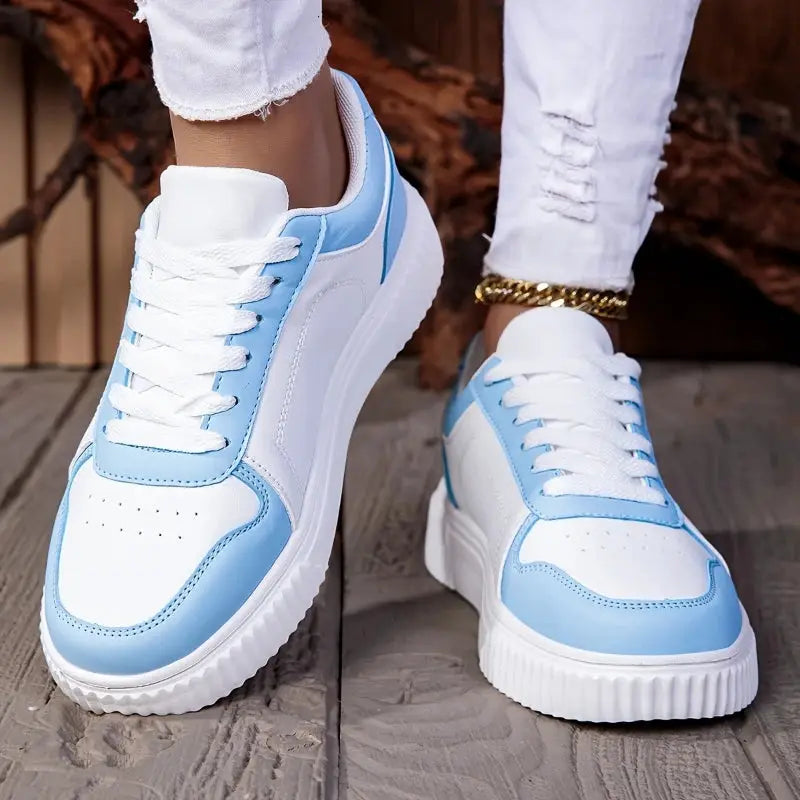 MAEDEF women's lace-up sneakers in white and light blue with a chunky non-slip sole