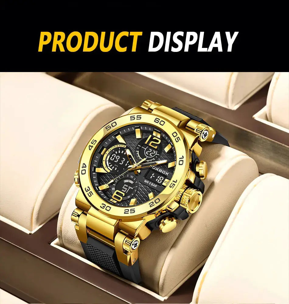 FOXBOX men's luxury chronograph watch with gold-tone case and black strap, boxed