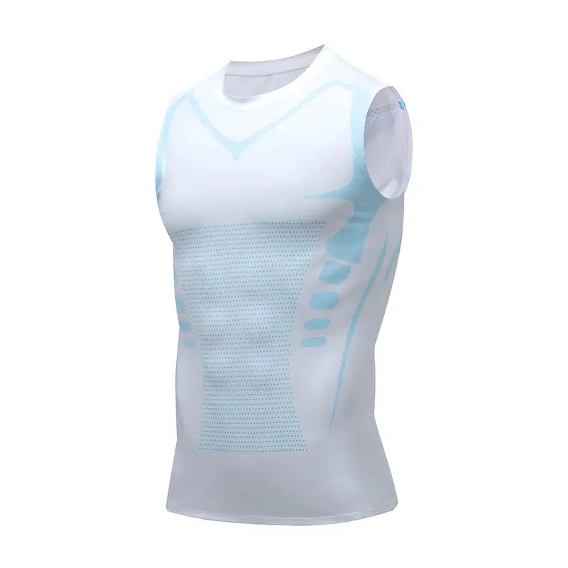 Men's compression tank top, white sleeveless gym shirt with light blue print and quick-dry fabric