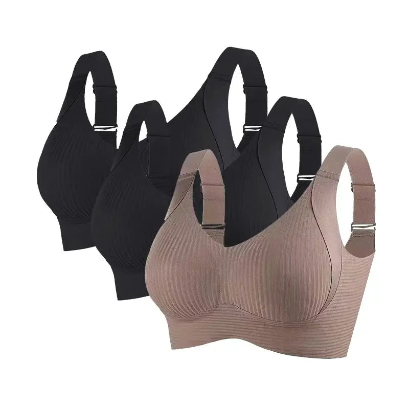 3Pcs/Set women's push-up bras by Simples Market; ribbed seamless non-wire, V-neck, plus-size, black and beige