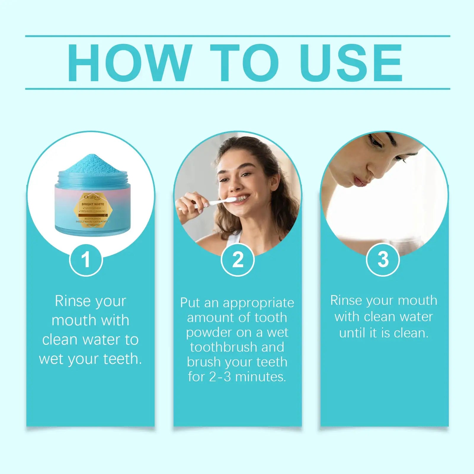 Niacinamide tooth powder by Simples Market; blue jar shown in a 3-step mouthcare infographic (rinse, brush, rinse).