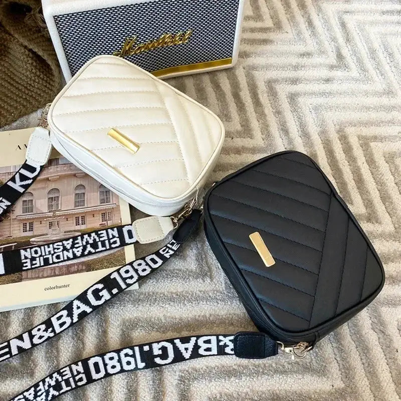 Two shoulder bags: white and black quilted PU crossbody bags with gold hardware
