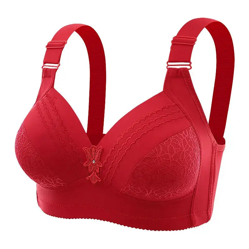 Red wireless lace bra with wide straps and glossy cups, no underwire