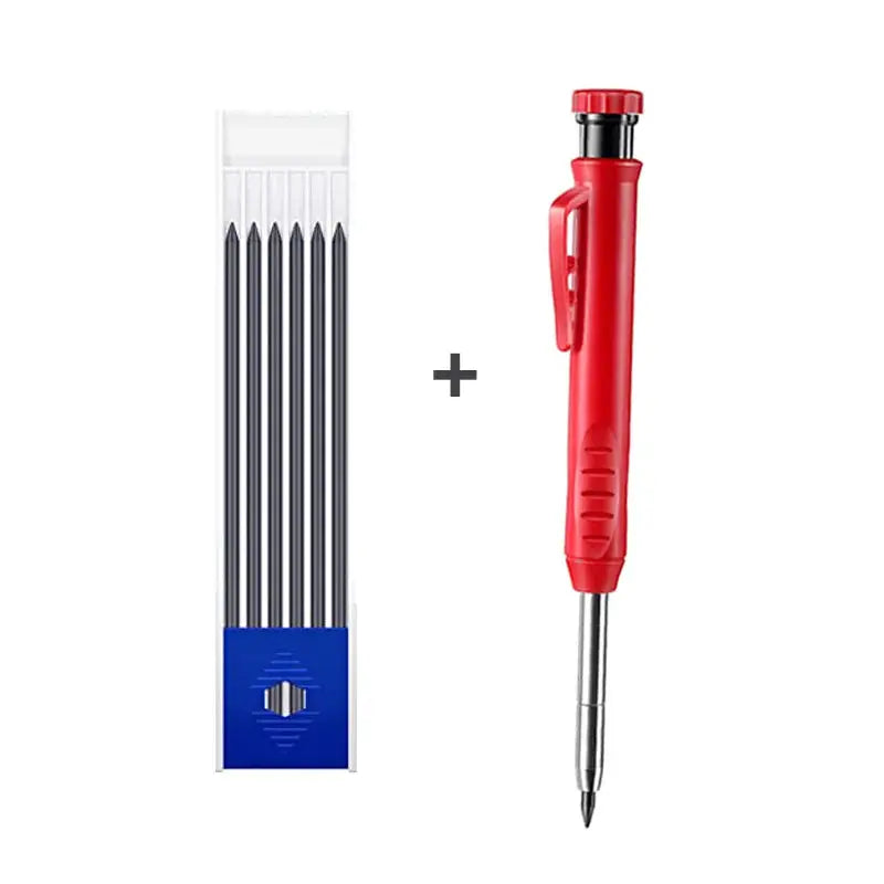 Carpenter pencil refills 2.8mm and red long-nosed drafting marker with built-in sharpener, Simples Market; 2-item set.