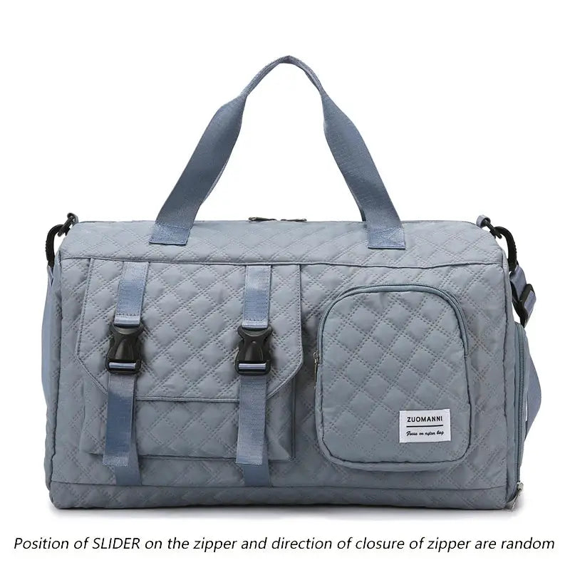 Travel duffle bag by Simples Market in blue-gray nylon, top handles, detachable strap, front pocket with buckle straps