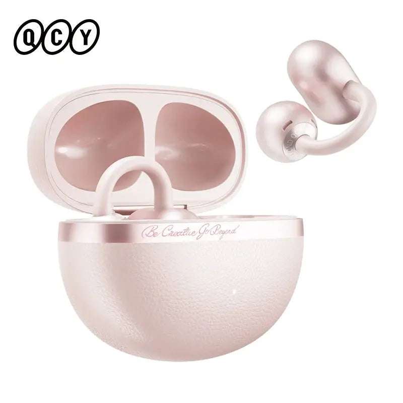 QCY Crossky C50 open-ear wireless earbuds with pink charging case