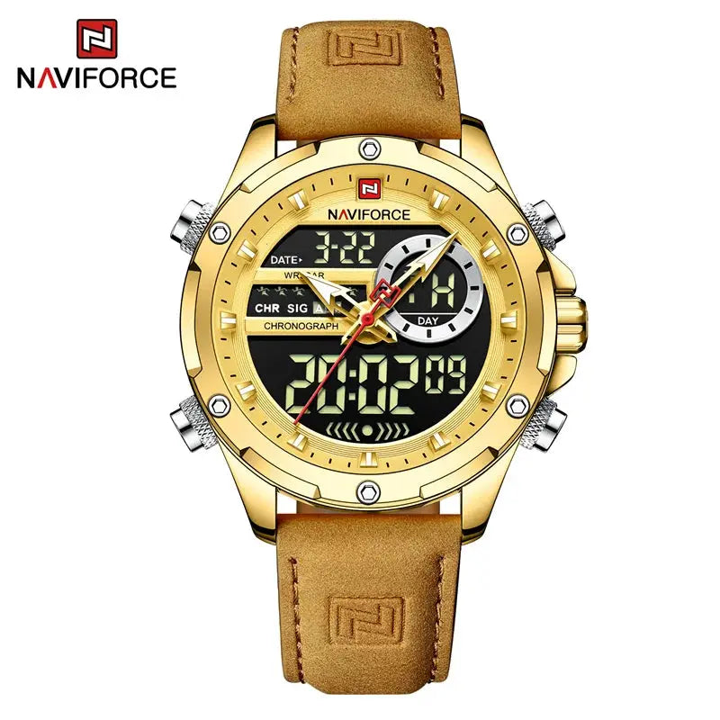 NAVIFORCE luxury men's gold-tone sport chronograph wristwatch with tan leather strap
