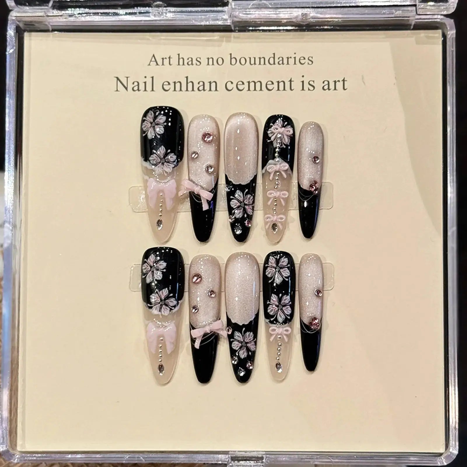 LuxeNail Cat Eye French Press On Nails With Pink Bow Decor Full Cover Almond Tips