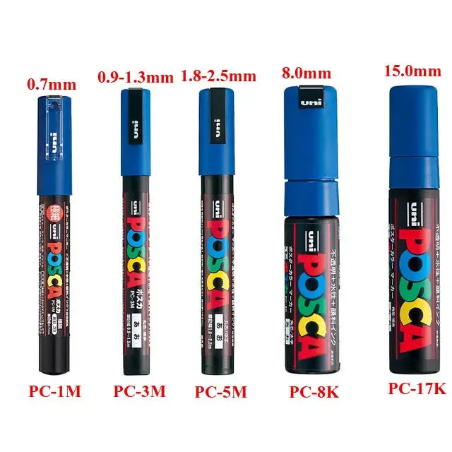 Five Uni POSCA paint marker pens (PC-1M, PC-3M, PC-5M, PC-8K, PC-17K) with blue caps and colorful label artwork.