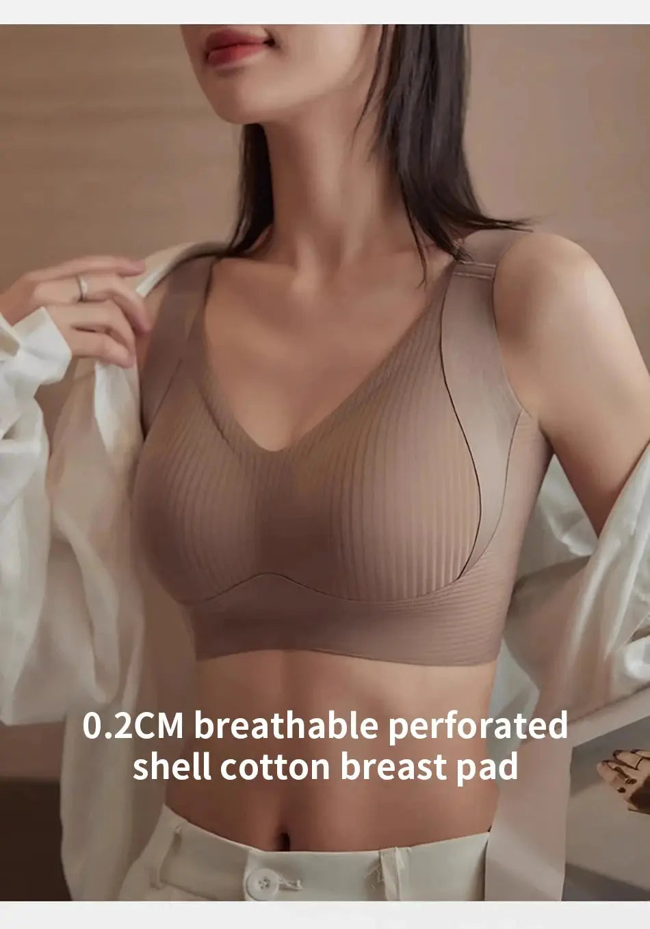 Seamless wireless bra by Simples Market, beige ribbed knit, pull-on style.
