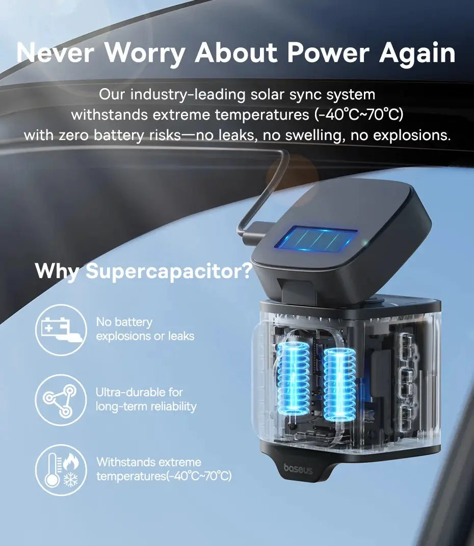 Baseus VD1 Pro 4K dash cam front unit with blue supercapacitor coils, windshield mounted